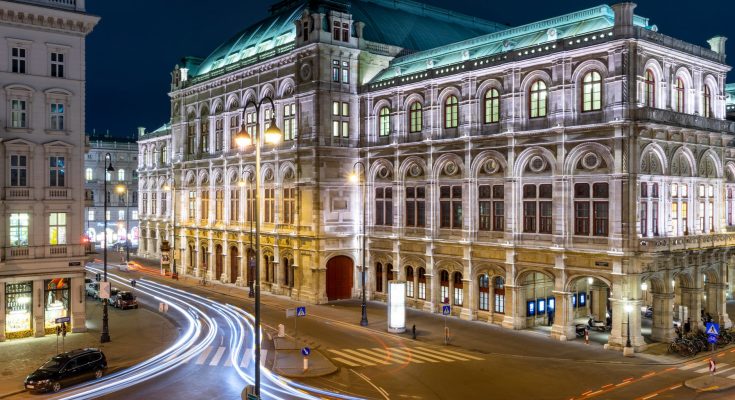 time lapse photography of cars on road near the vienna state opera in austria during night time