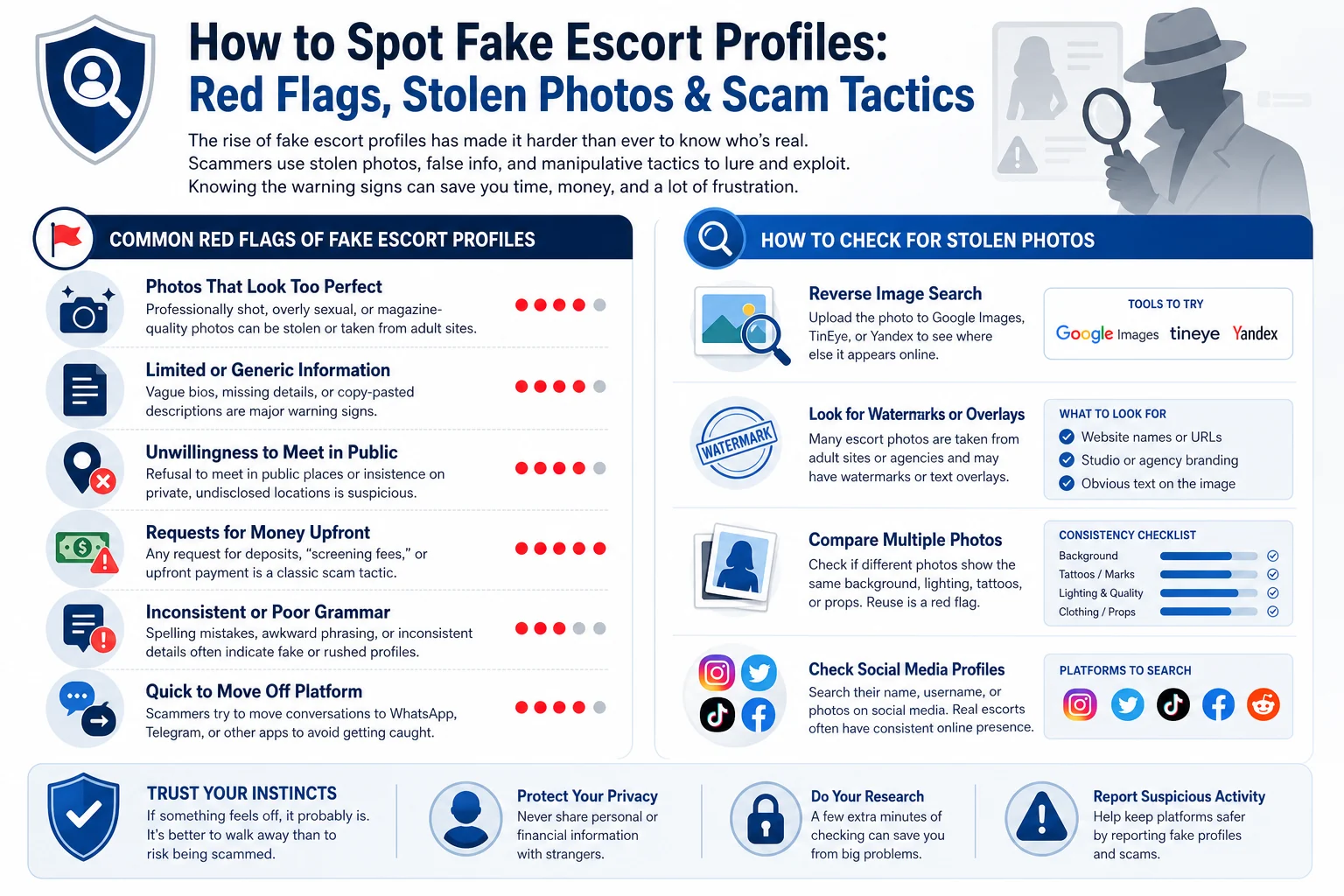How to Spot Fake Escort Profiles: Red Flags, Stolen Photos & Scam Tactics infographic