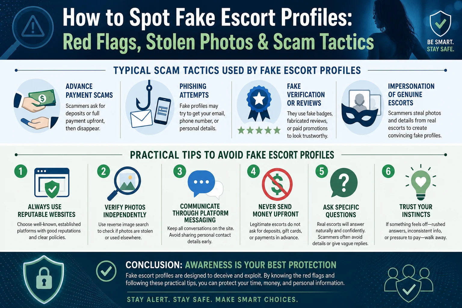 How to Spot Fake Escort Profiles: Red Flags, Stolen Photos & Scam Tactics infographic