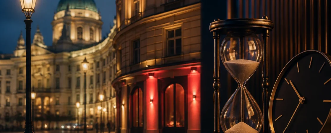 Editorial night image of a Vienna street representing licensed opening hours
