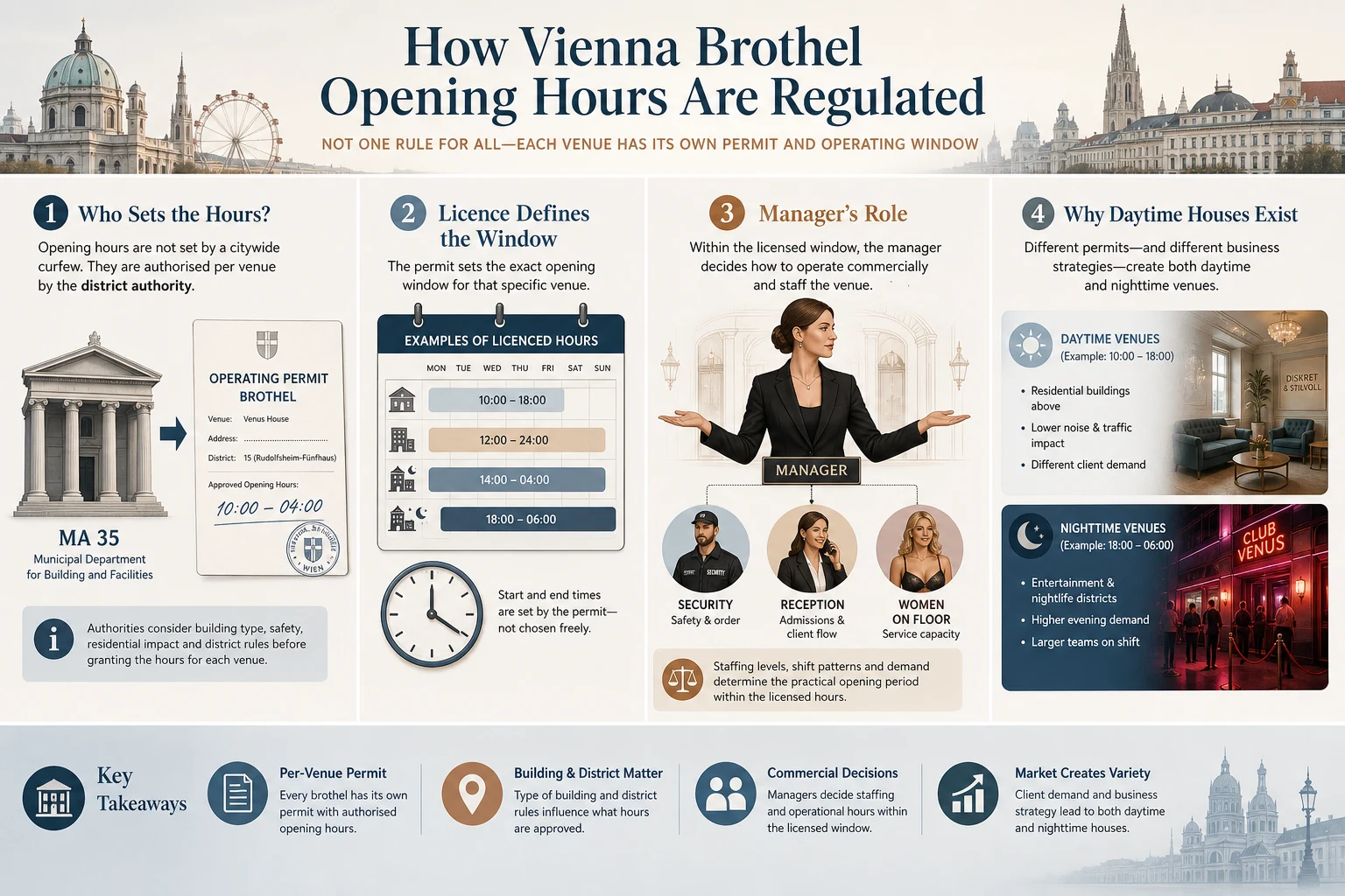 Explainer graphic showing who sets brothel opening hours in Vienna and in what order