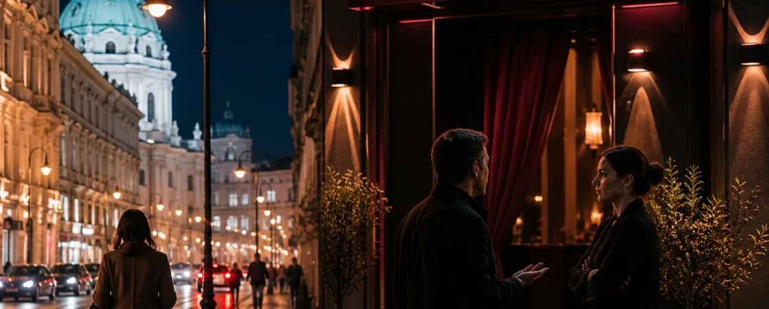Editorial night image of a quiet Vienna residential street representing neighbour relations
