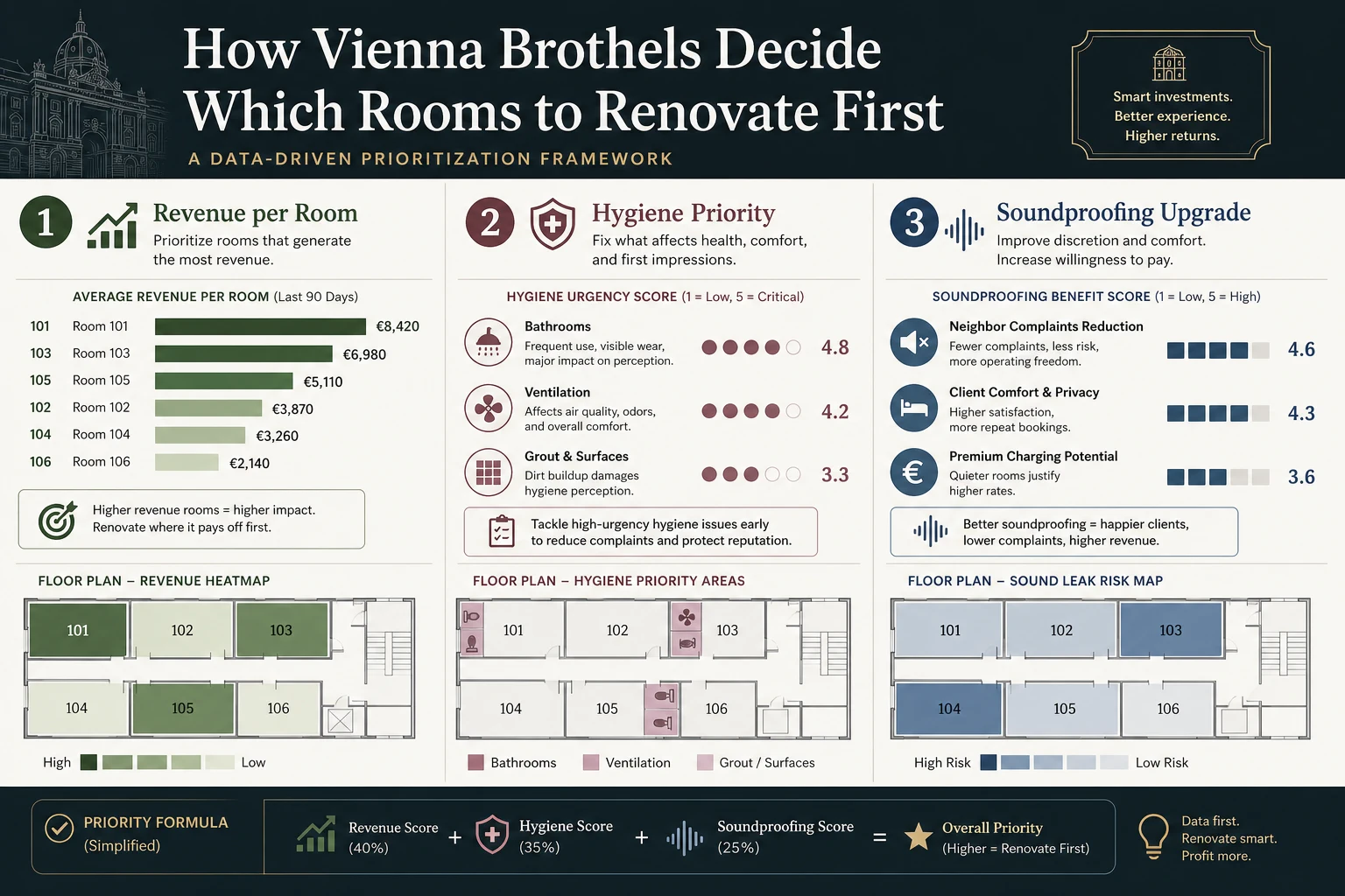 Explainer graphic showing how a Vienna venue ranks rooms for refurbishment