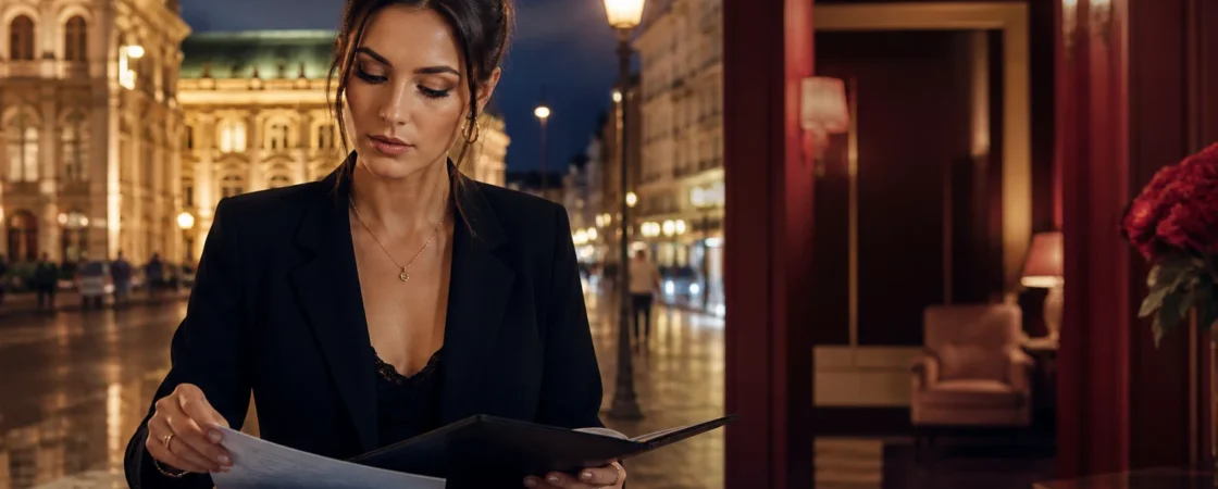 Editorial image of Vienna at night representing the legal paperwork behind brothel work