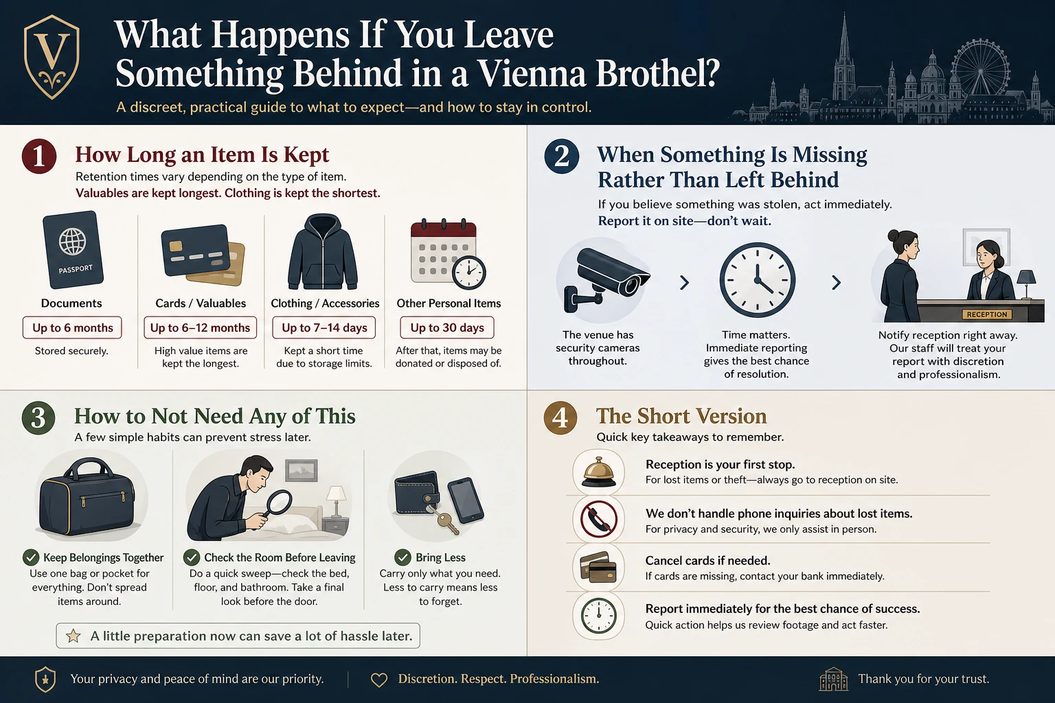 Checklist graphic for retrieving lost property and sweeping a room before leaving