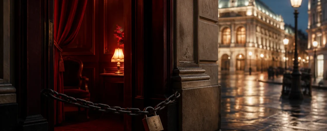 Editorial night image of a closed Vienna entrance representing an expired operating licence