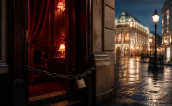 Editorial night image of a closed Vienna entrance representing an expired operating licence