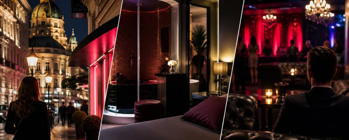 Editorial image of Vienna nightlife representing three different types of adult venue