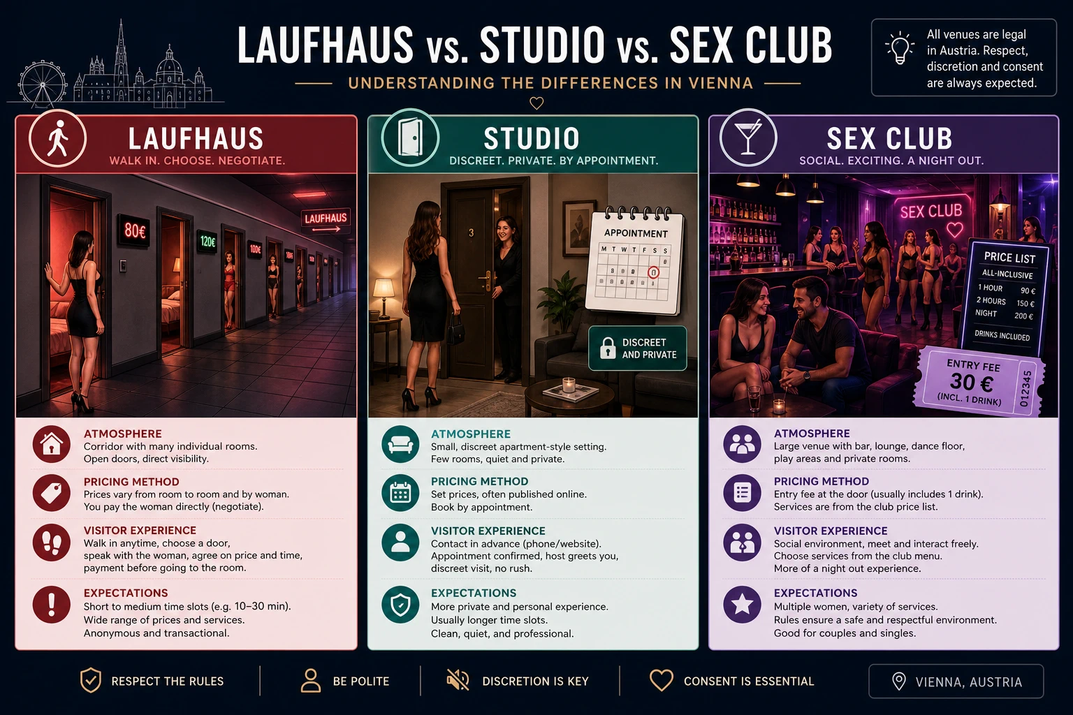 Explainer graphic comparing a Laufhaus, a studio and a sex club in Vienna