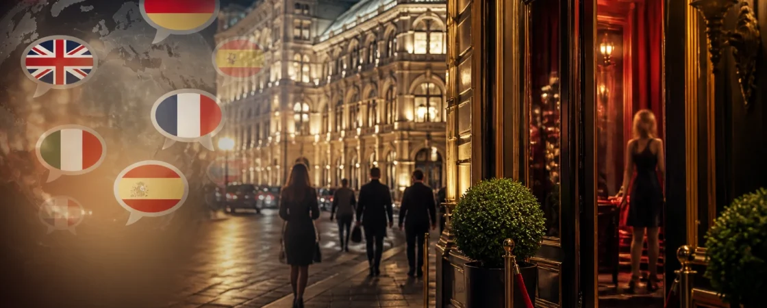 Editorial image of Vienna at night representing an international audience and multiple languages
