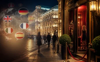 Editorial image of Vienna at night representing an international audience and multiple languages