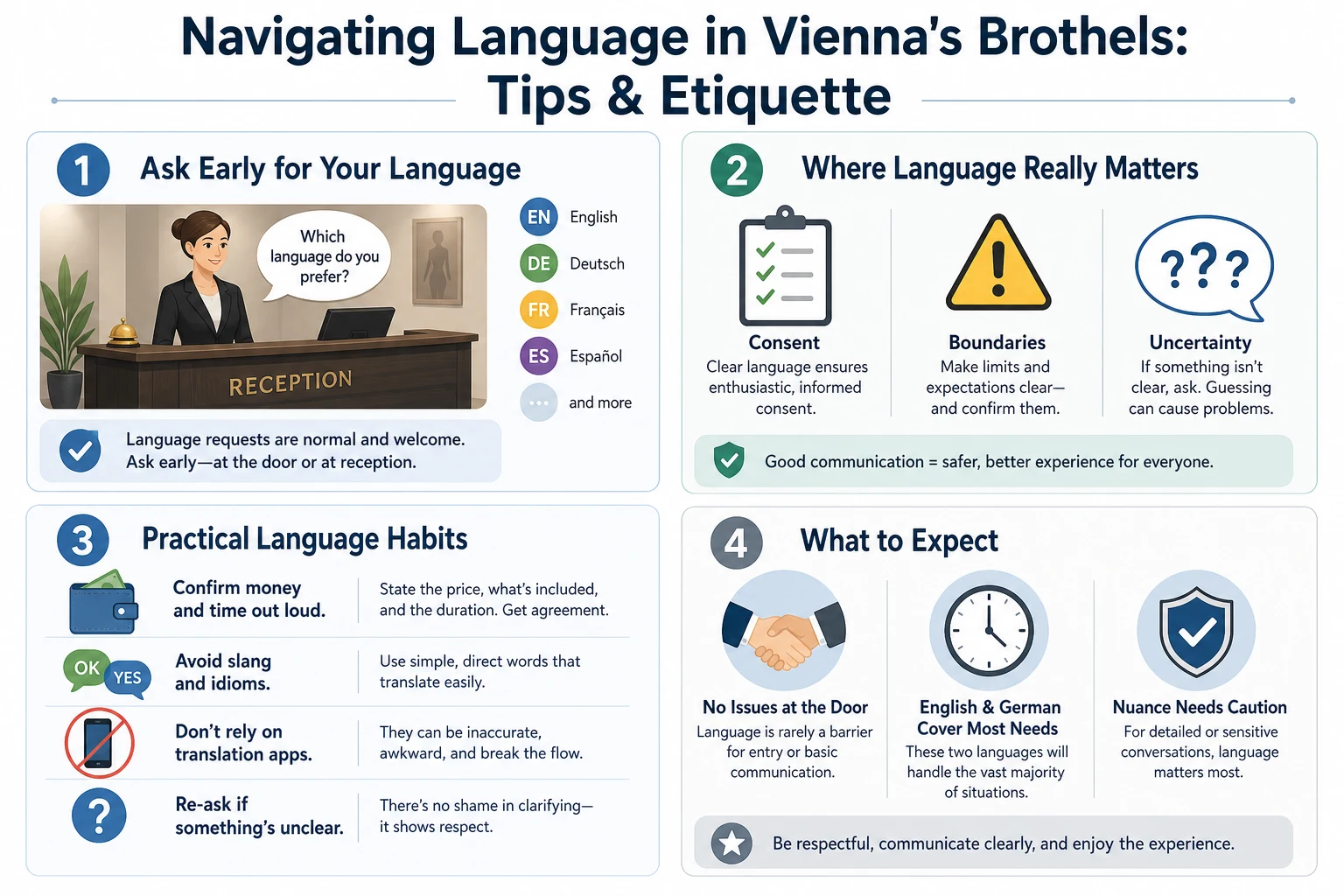 Checklist graphic for handling a brothel visit in a second language